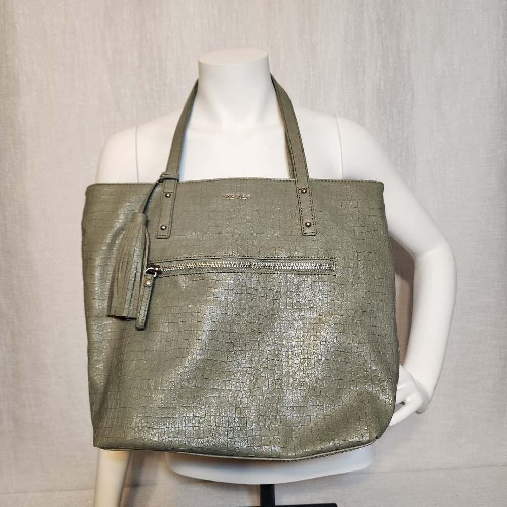 Nine West Sage Green Faux Leather Tassle Textured Tote Bag Shoulder Bag Travel